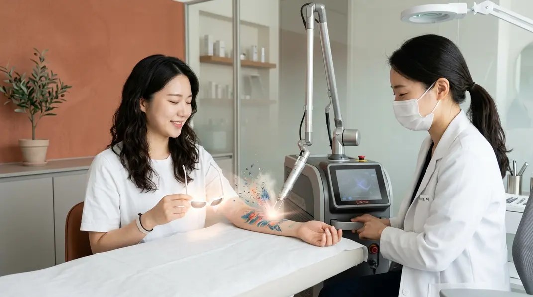 A photorealistic abstract representation of PicoWay laser energy rejuvenating skin in a modern clinic.