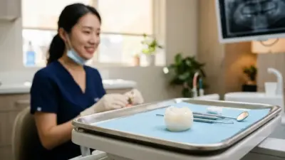 A highly detailed, pristine white dental crown resting on a sterile dentist tray
