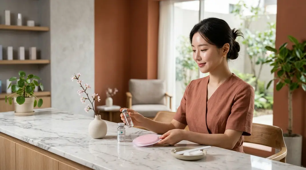 A sleek glass vial of Rejuran resting on a marble counter in a serene, luxurious Korean skin clinic.