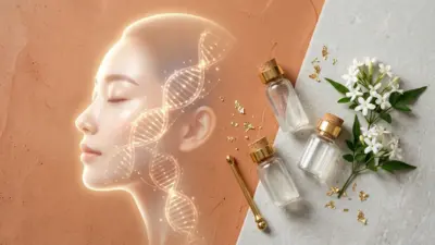 A cosmetic flat lay showing glowing DNA strands and Rejuran Tone-Up Booster vials.