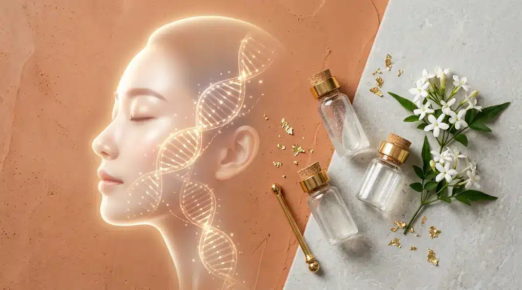 A cosmetic flat lay showing glowing DNA strands and Rejuran Tone-Up Booster vials.