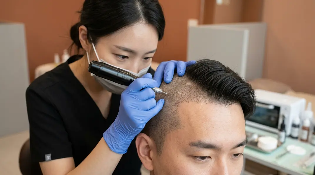 A close-up view of a highly realistic scalp micropigmentation procedure.
