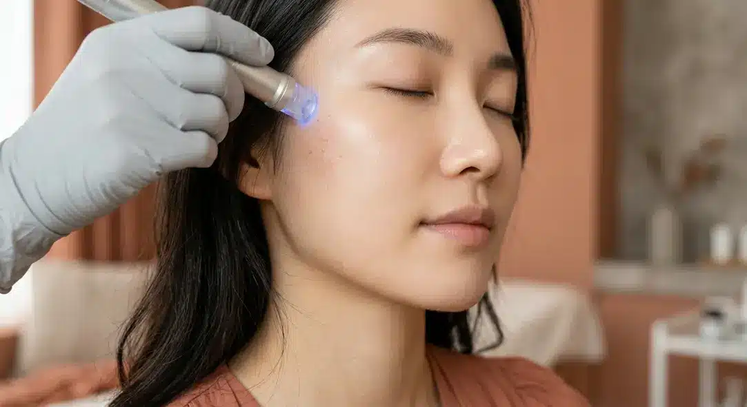 An artistic, high-quality visualization of smooth, healthy skin juxtaposed against a small healing scar, representing the journey of scar recovery through dermatological treatments.
