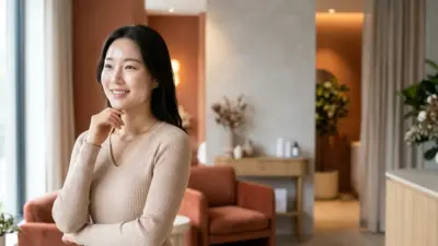 A glowing, healthy-looking woman smiling in a warm skincare clinic setting.