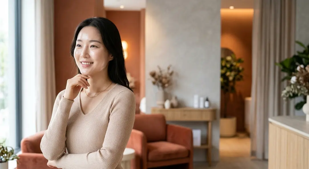 A glowing, healthy-looking woman smiling in a warm skincare clinic setting.