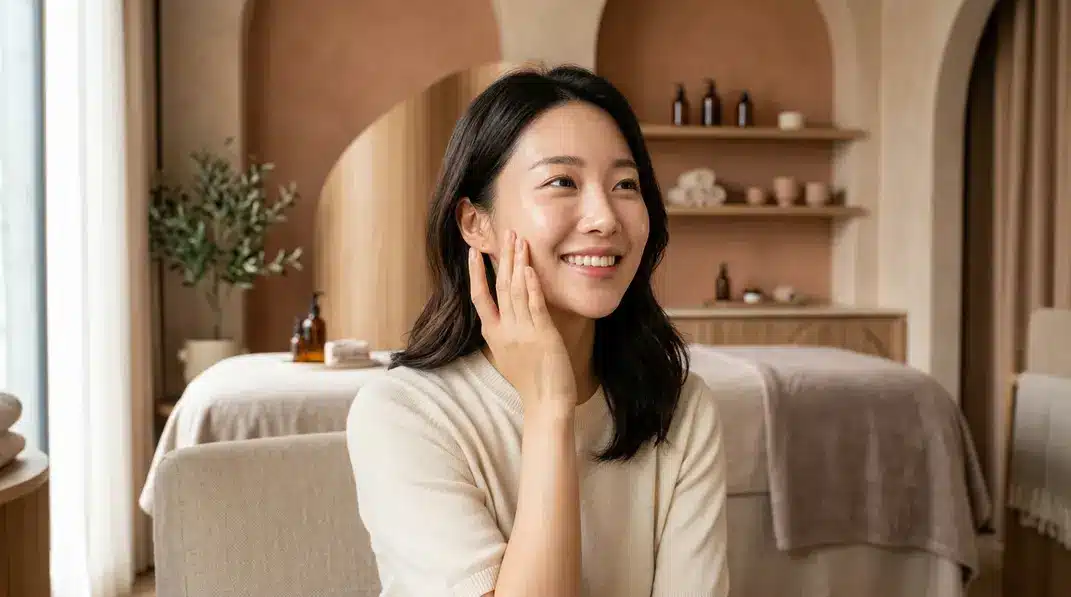 A radiant woman gently touching her flawless skin in a bright, modern aesthetic clinic setting.
