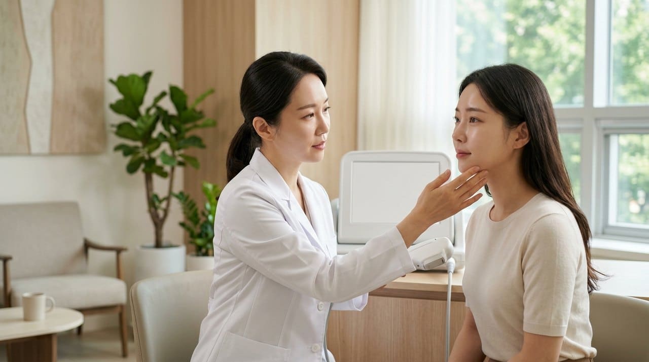 Shurink Universe HIFU lifting consultation with a board-certified Korean dermatologist using skin diagnostic imaging