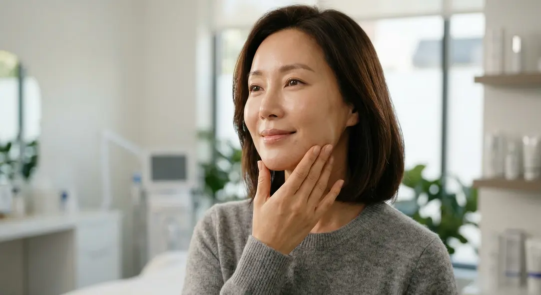 A confident woman in her 40s touching her softly contoured jawline.