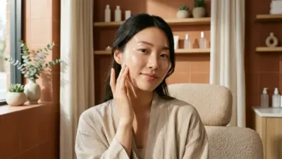 A woman with radiant, glass-like skin gently touching her face in a beautifully lit clinical setting.