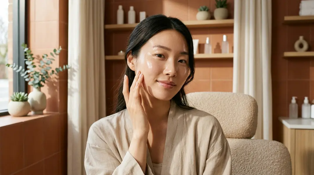 A woman with radiant, glass-like skin gently touching her face in a beautifully lit clinical setting.
