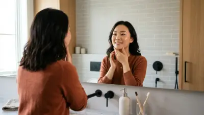 A calm woman looking in a brightly lit mirror, gently touching her beautifully contoured jawline.