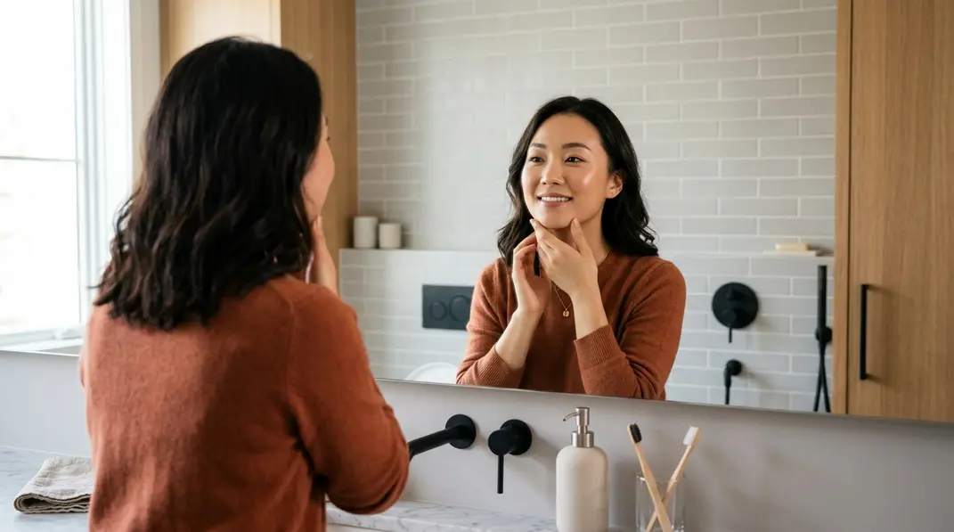 A calm woman looking in a brightly lit mirror, gently touching her beautifully contoured jawline.