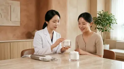 A serene dermatology clinic setting featuring a glass jar of skincare cream and a medical laser handpiece.