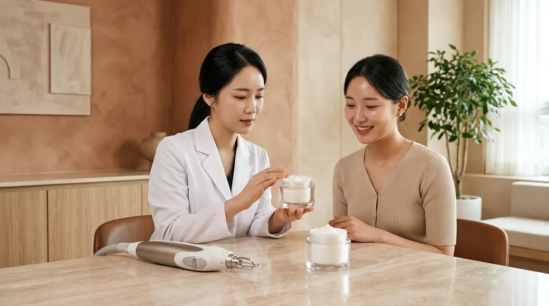 A serene dermatology clinic setting featuring a glass jar of skincare cream and a medical laser handpiece.