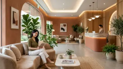 An elegant South Korean dermatology clinic lobby with terracotta and warm beige tones.