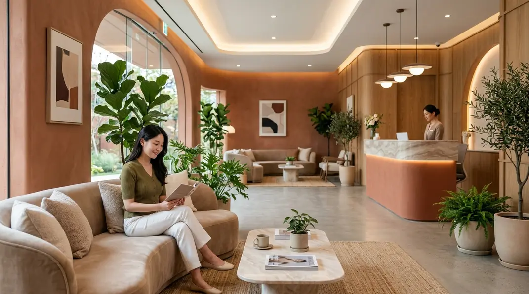 An elegant South Korean dermatology clinic lobby with terracotta and warm beige tones.