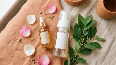 A beautifully styled flat-lay of a skincare routine featuring a BHA serum and a foaming cleanser on a light terracotta background.