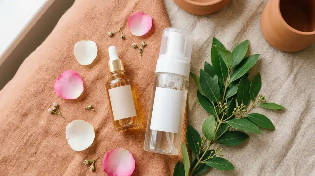 A beautifully styled flat-lay of a skincare routine featuring a BHA serum and a foaming cleanser on a light terracotta background.