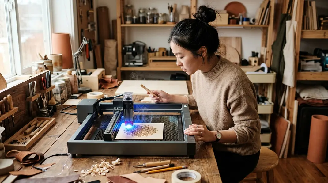 A high-tech laser engraver burning an intricate floral design into birch wood in a cozy maker studio.