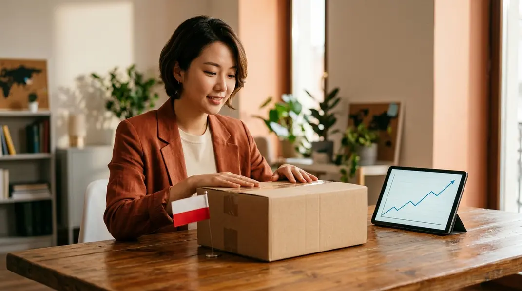 An illustration of an e-commerce box with a Polish flag and shopping elements.