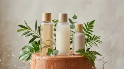 Several bottles of Korean toner glowing on a terracotta background.