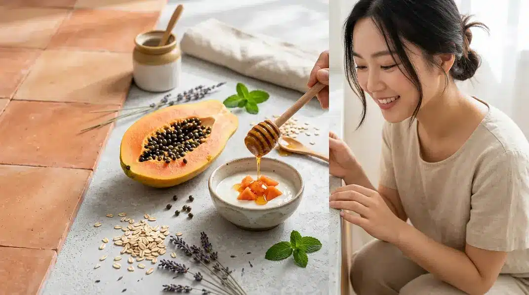 A flat lay of fresh natural peeling ingredients like papaya, yogurt, and honey on a neutral background.
