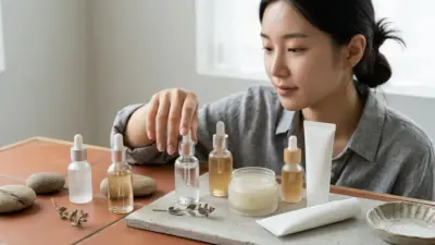 A high-end flat lay of aesthetic skincare products specifically targeted for pore care, including cleansers and serums, arranged on a warm terracotta background.