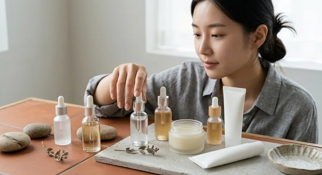A high-end flat lay of aesthetic skincare products specifically targeted for pore care, including cleansers and serums, arranged on a warm terracotta background.