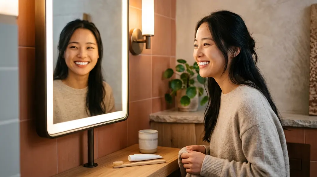 A woman happily looking into a bathroom mirror, showing off her bright, white smile.
