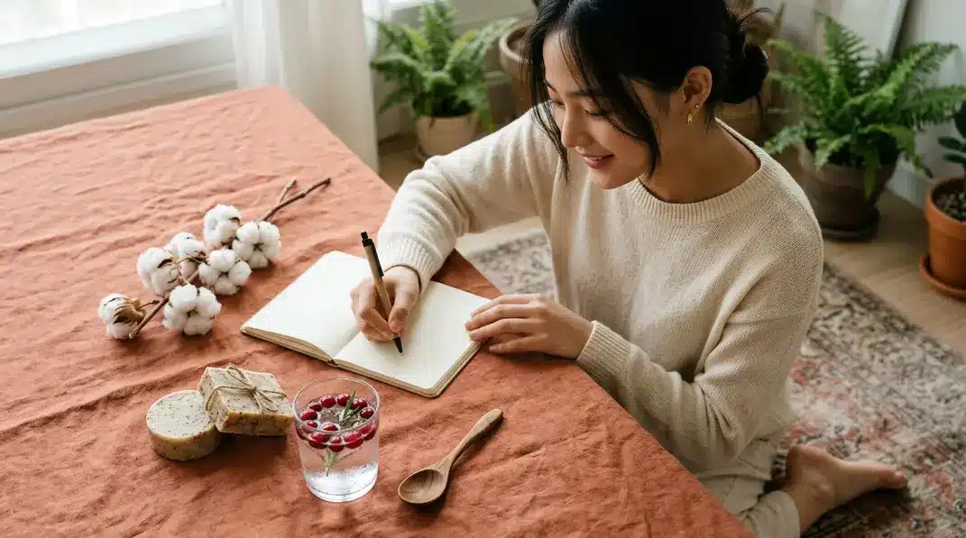 A flat-lay composition featuring cotton flowers, natural soap, and water, symbolizing pure and gentle vaginal care.