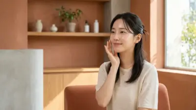 A radiant woman with glowing skin touching her cheek in a modern clinic.