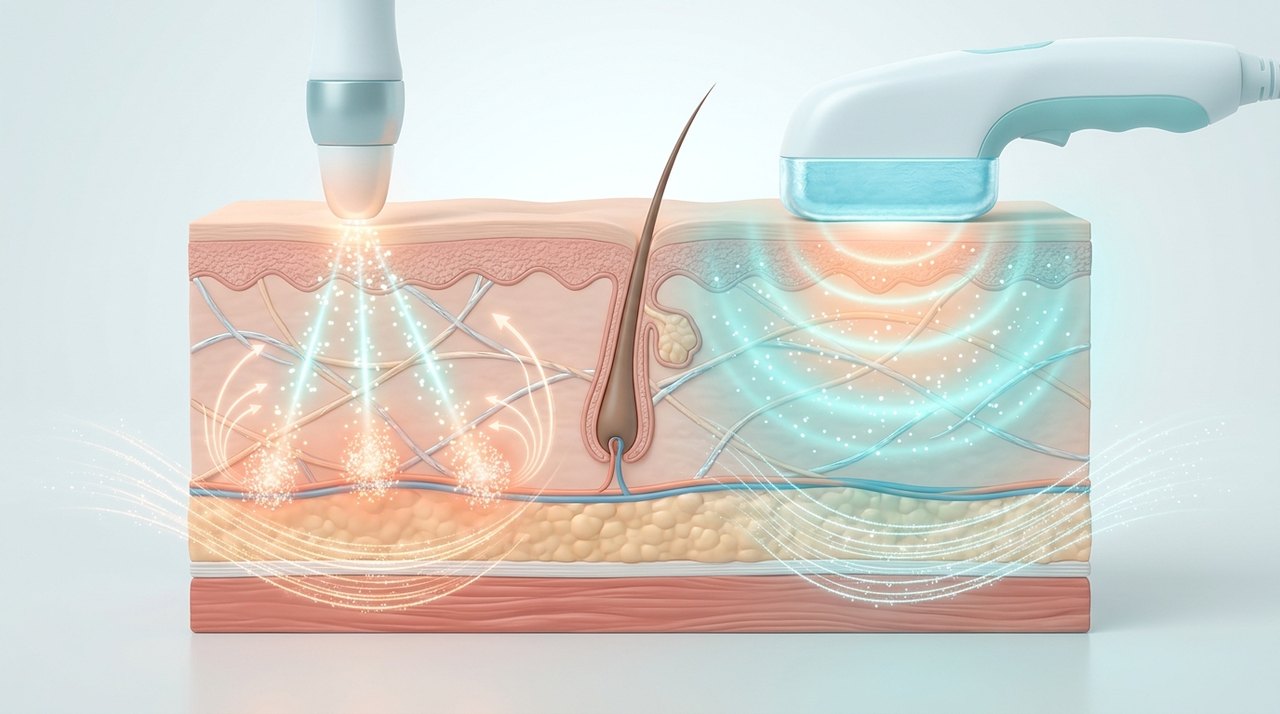ultraformer mpt vs thermage flx comparative infographic of penetration depth, clinical efficacy duration and discomfort index