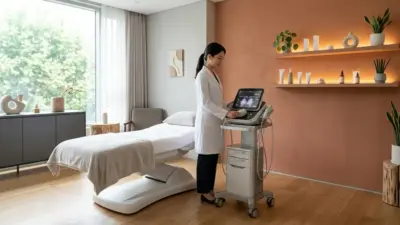 A modern dermatology clinic setting highlighting advanced skin tightening equipment in a soothing atmosphere.