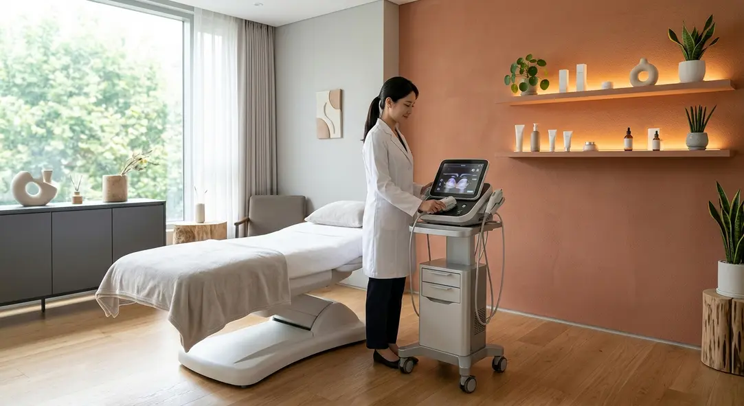 A modern dermatology clinic setting highlighting advanced skin tightening equipment in a soothing atmosphere.