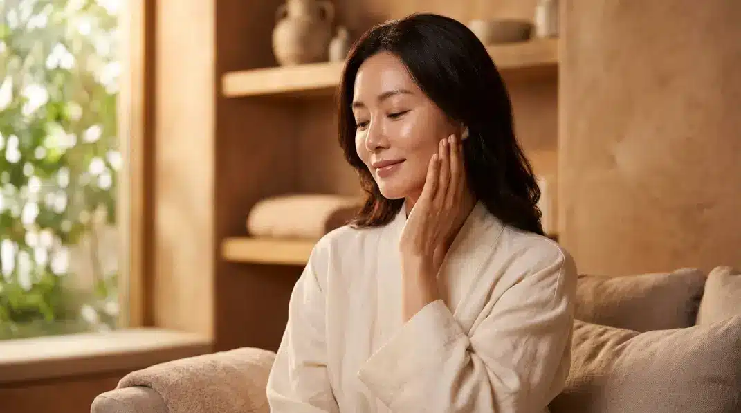A serene woman experiencing a glowing, rejuvenating facial treatment highlighting anti-aging and skin lifting concepts.