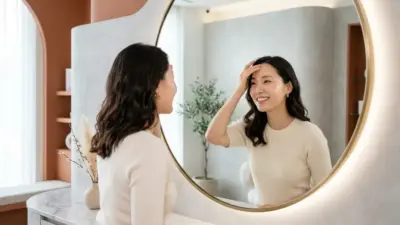 A confident woman smiling and touching her smooth face while looking in a mirror