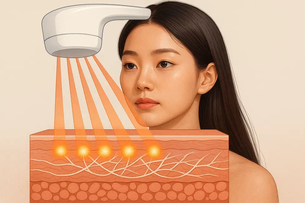 Illustrating how Liftera’s focused ultrasound energy targets deep skin layers to stimulate collagen.