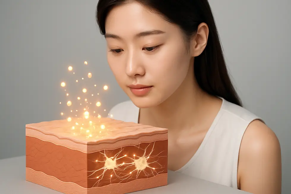 A conceptual illustration of the XELHA peel’s mechanism, showing calcium ions stimulating collagen-producing cells within the skin.