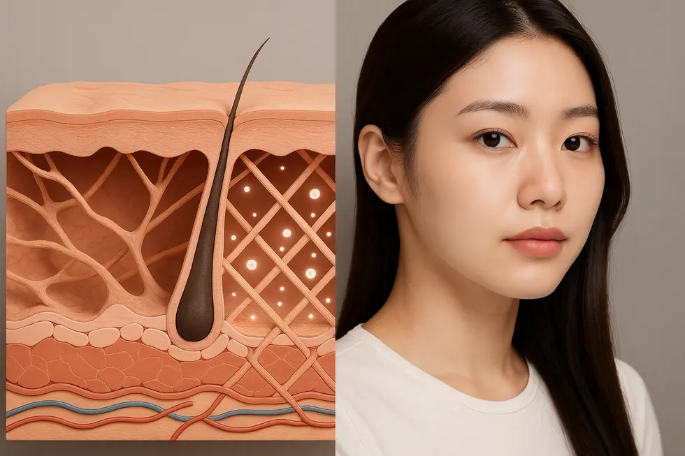 A diagram illustrating how exosomes stimulate fibroblasts to produce more collagen and elastin, rejuvenating the skin.