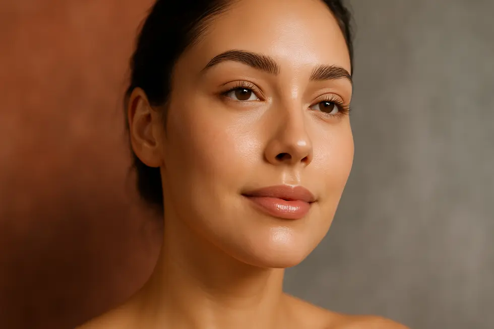 ベロテロリバイブ施術によって得られる、ハリとツヤのある女性の肌のクローズアップ。