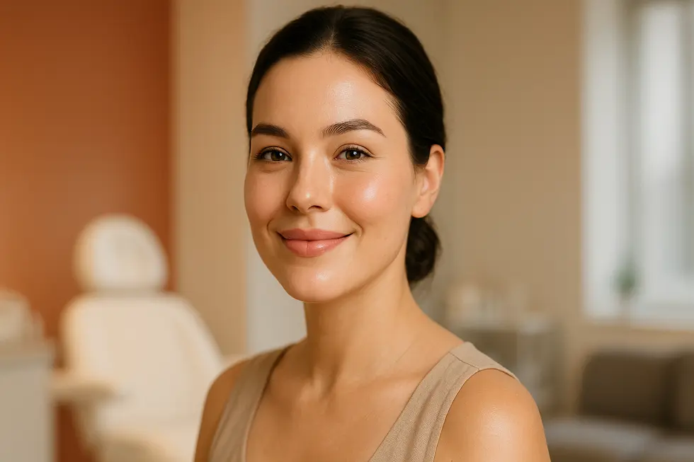 自然にボリュームアップした頬を持つ、自信に満ちた女性の顔のクローズアップ。