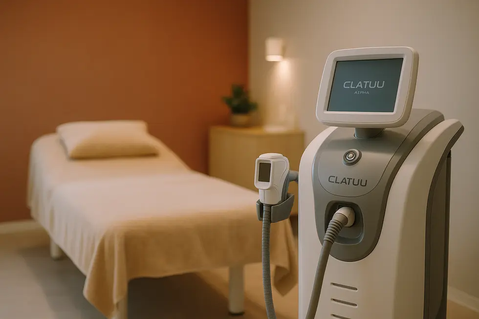 医療痩身施術クラツーアルファの機械が置かれた、清潔でモダンな美容クリニックの一室。