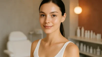 ダーマアクネ治療後、自信に満ちた表情で輝く肌の若い女性が写っている。