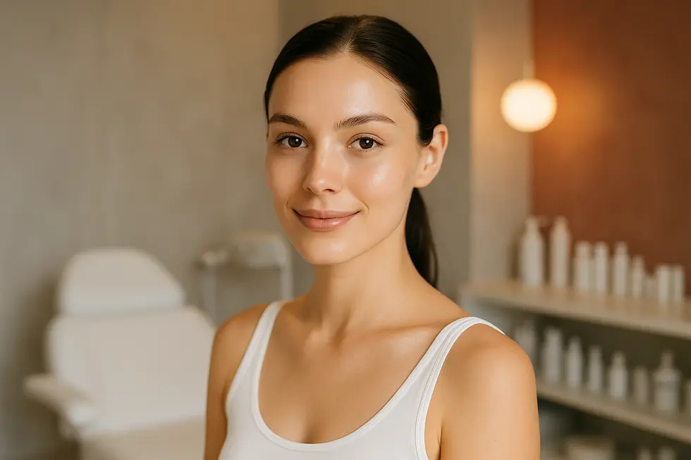 ダーマアクネ治療後、自信に満ちた表情で輝く肌の若い女性が写っている。