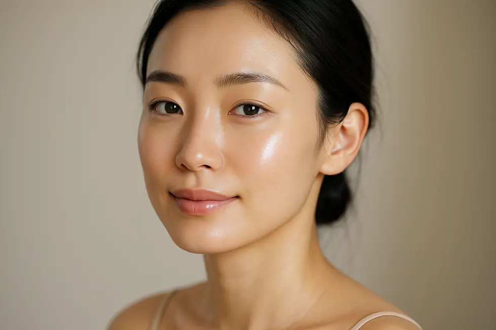 デュアルトーニング施術後の、シミや肝斑が目立たず、透明感のある美しい肌を持つ女性の顔のクローズアップ。