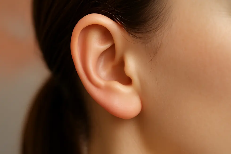 自然な美しさを強調した、ふっくらとした耳たぶのクローズアップ画像。
