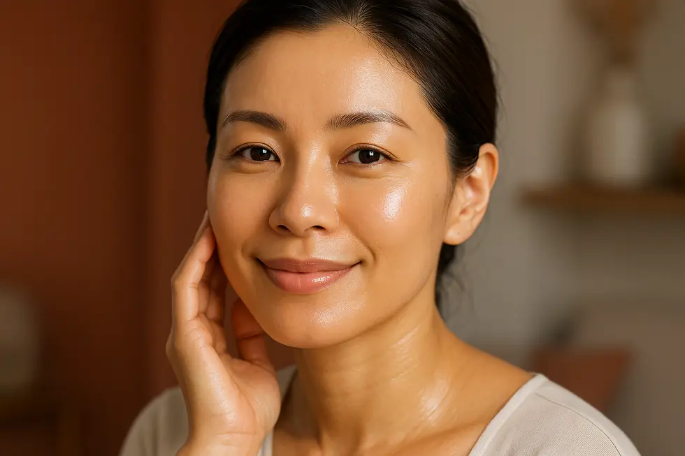 ハリとツヤのある肌を持つ笑顔の女性。弾力管理によって若々しい肌を取り戻すイメージ。