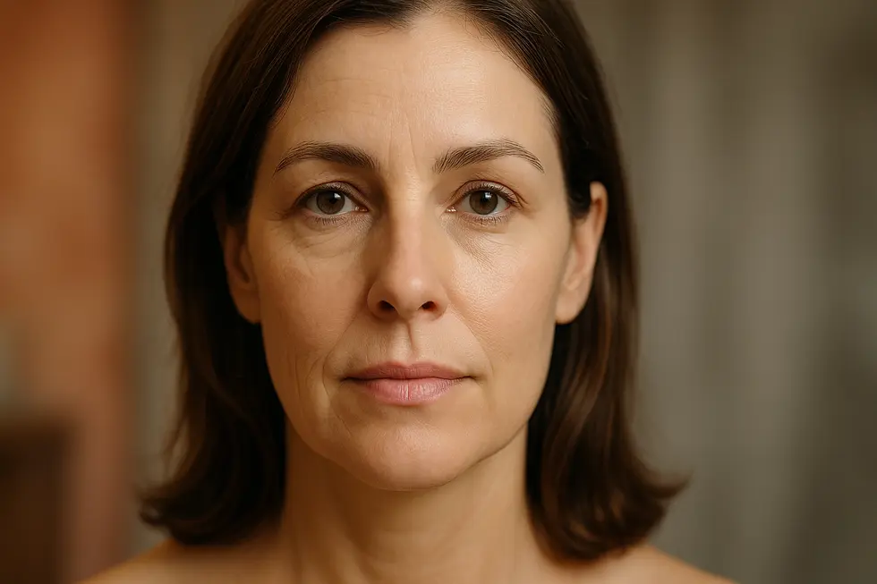 顔の片側がたるみと小じわのある状態、もう片側が引き締まりハリのある状態になっており、エンディメッド治療の効果を示唆する比較イメージ。