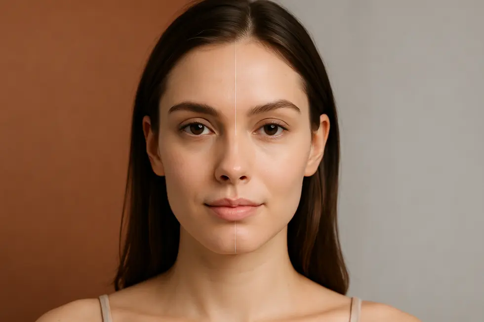 顔面輪郭修正手術によって、エラや頬骨がより洗練された女性の横顔のビフォーアフターのイメージ図。暖色系の背景が特徴。