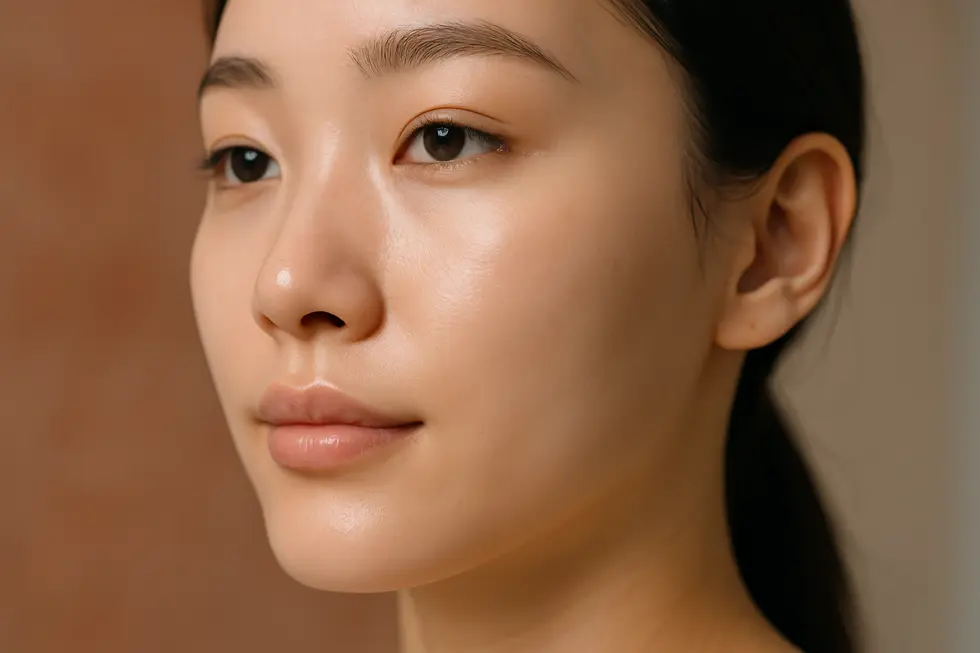 フラクセルゼナ治療後を連想させる、ハリと潤いのある滑らかな肌のクローズアップ。